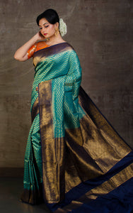 Tanchui Brocade Work Katan Silk Saree in Rama Green and Midnight Blue