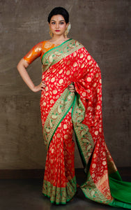 Soft Designer Semi Katan Jangla Banarasi Jaal Work Silk Saree in Red, Green and Gold