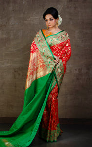 Soft Designer Semi Katan Jangla Banarasi Jaal Work Silk Saree in Red, Green and Gold