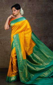 Tanchui Brocade Work Katan Silk Saree in Golden Yellow and Turquoise