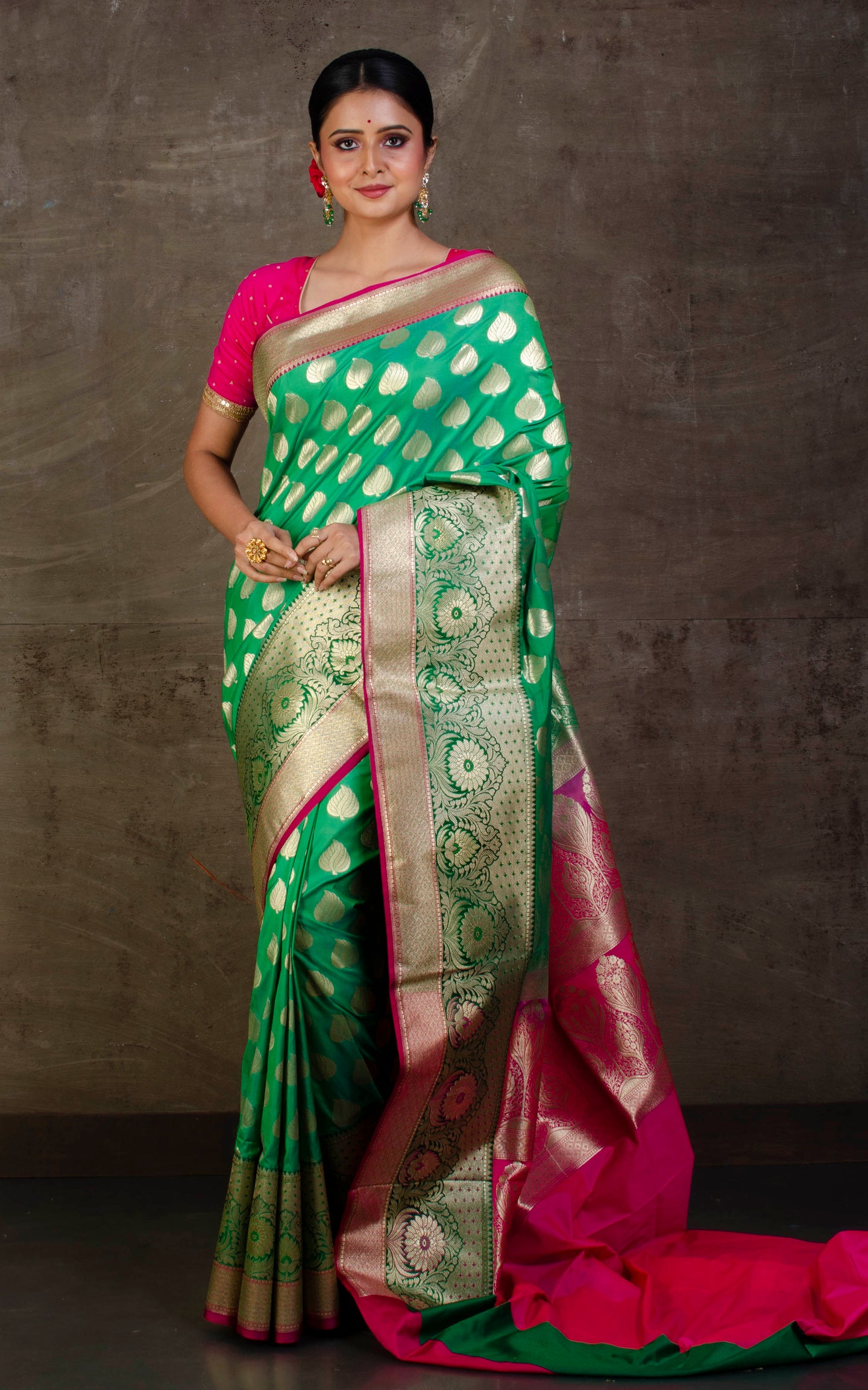 Soft Designer Semi Katan Silk Saree in Leaf Green and Dark Pink