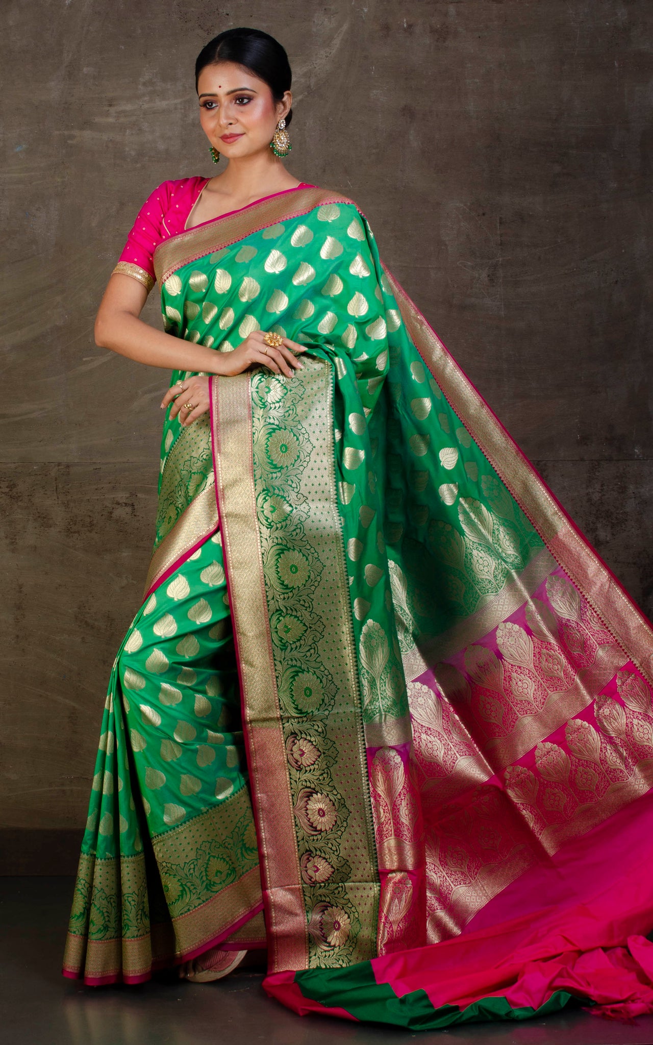 Cerise Pink Woven Banarasi Silk Saree With Green Blouse | Kolour