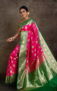 Soft Designer Semi Katan Saree in Fuchsia, Natural Green and Gold