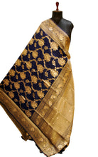 Jangla Jaal Work Soft Katan Silk Saree in Denim Blue and Antique Gold Zari Work