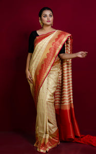Tanchui Brocade Work Katan Silk Saree in Off White, Brush Gold and Red