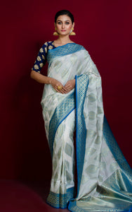 Traditional Opada Katan Silk Saree in White, Muted Gold and Royal Blue