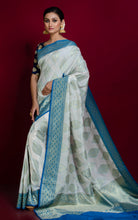 Traditional Opada Katan Silk Saree in White, Muted Gold and Royal Blue