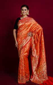 Designer Brocade Katan Silk with Hand Zardosi Work Saree in Dark Orange, Red and Brush Gold