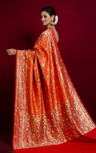 Designer Brocade Katan Silk with Hand Zardosi Work Saree in Dark Orange, Red and Brush Gold