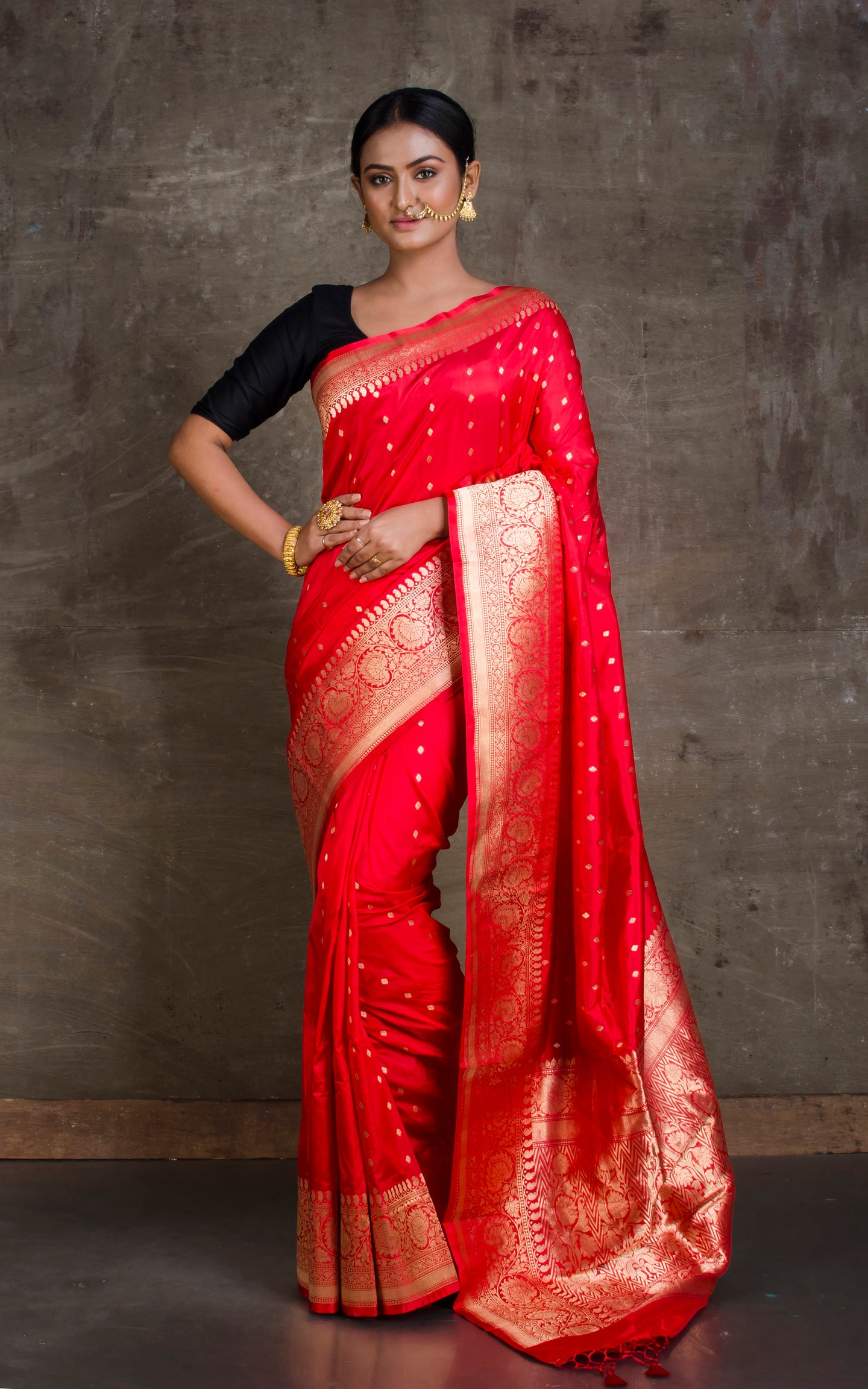 Premium Quality Banarasi Silk Saree in Bright Crimson Red and Gold