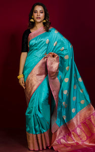 Pure Katan Banarasi Silk Saree in Turquoise Blue and Thulian Pink