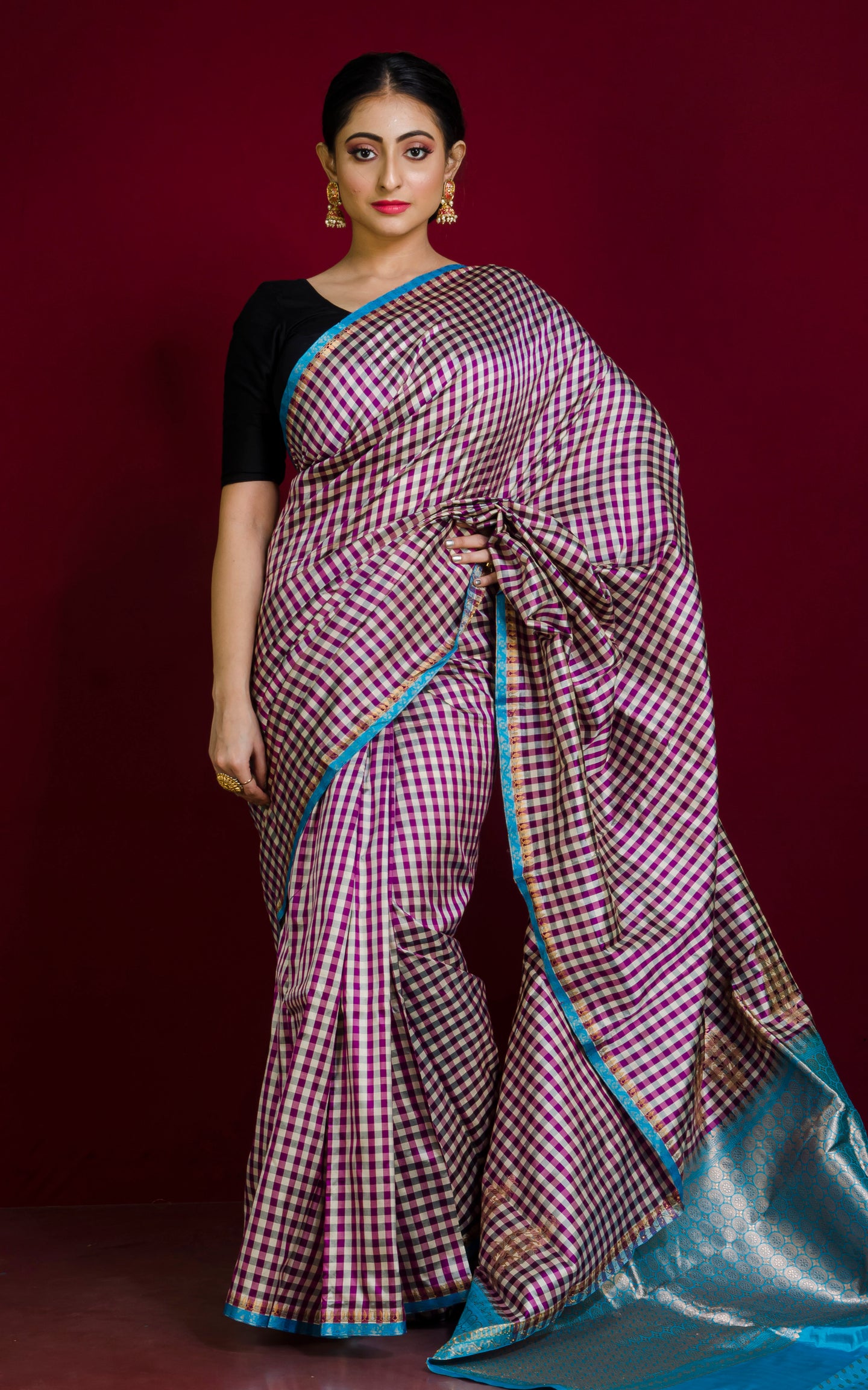 Micro Designer Checks Katan Banarasi Silk Saree in Dual Tone Purple, Off White, Charcoal Black and Firoza
