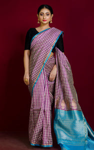 Micro Designer Checks Katan Banarasi Silk Saree in Dual Tone Purple, Off White, Charcoal Black and Firoza