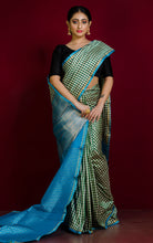Micro Designer Checks Katan Banarasi Silk Saree in Dual Tone Dark Green, Off White, Grey and Firoza