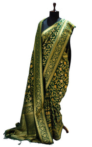 Jangla Jaal Work Soft Katan Silk Saree in Deep Bottle Green and Antique Gold Zari Work