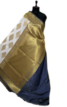 Traditional Opada Katan Silk Saree in White, Muted Gold and Porpoise Grey