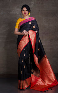 Premium Quality Katan Banarasi Silk Saree in Black, Purplish Pink and Red