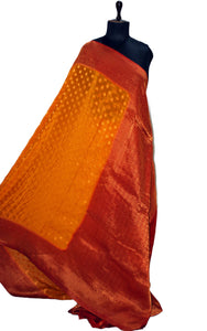 Soft Semi Georgette Banarasi Saree in Gold Ochre, Dark Red and Antique Golden