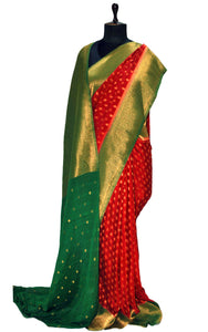 Soft Semi Georgette Banarasi Saree in Cherry Red, Forest Green and Antique Golden