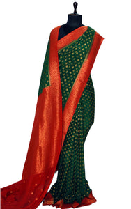 Medium Border Soft Semi Georgette Banarasi Saree in Dark Green, Dark Red and Antique Golden