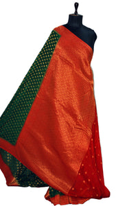 Medium Border Soft Semi Georgette Banarasi Saree in Dark Green, Dark Red and Antique Golden