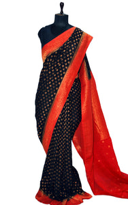 Medium Border Soft Semi Georgette Banarasi Saree in Black, Red and Antique Golden