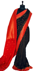 Medium Border Soft Semi Georgette Banarasi Saree in Black, Red and Antique Golden