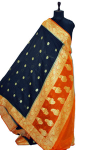 Medium Border Soft Semi Georgette Banarasi Saree in Black, Orange and Matt Gold