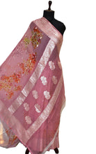 Digital Printed Pure Georgette Banarasi Saree in Thulian Pink, Multicolored and Silver Zari Work