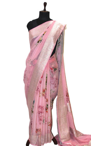 Digital Printed Pure Georgette Banarasi Saree in English Pink, Multicolored and Silver Zari Work