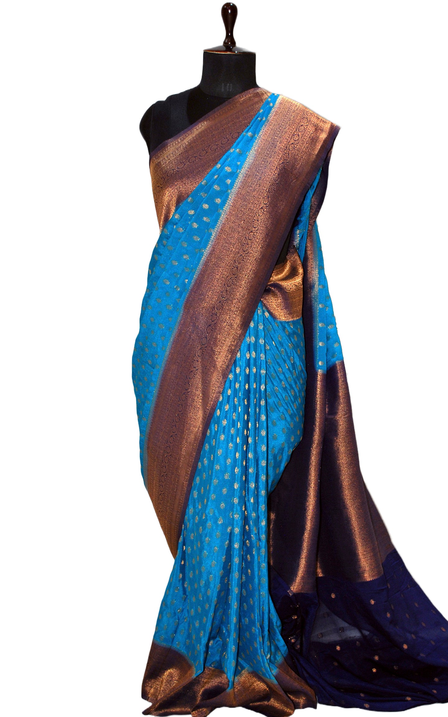 Soft Semi Georgette Banarasi Saree in Azure Blue, Midnight Blue and Antique Golden