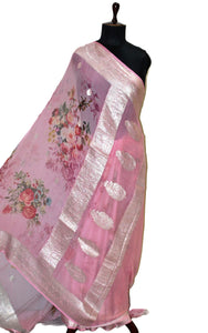 Digital Printed Pure Georgette Banarasi Saree in English Pink, Multicolored and Silver Zari Work