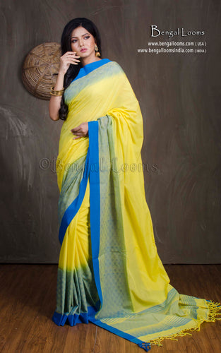 Brocade Skirt Border Soft Cotton Khadi Saree in Light Yellow and Sky Blue