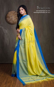 Brocade Skirt Border Soft Cotton Khadi Saree in Light Yellow and Sky Blue