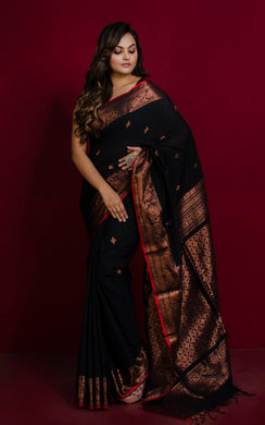 Premium Quality Double Warp Soft Pure Cotton Banarasi Saree in Black, Red and Copper Zari Work