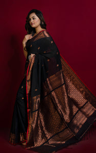 Premium Quality Double Warp Soft Pure Cotton Banarasi Saree in Black, Red and Copper Zari Work