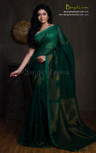 Handwoven Crowned Temple Border Soft Cotton Silk Kanjivaram Saree in Dark Green