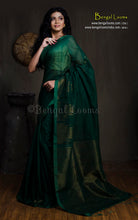 Handwoven Crowned Temple Border Soft Cotton Silk Kanjivaram Saree in Dark Green