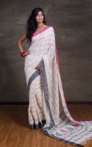 Khadi Soft Cotton Saree with Ganga Jamuna Border in Off White, Red and Black - Bengal Looms India