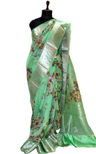 Digital Printed Handloom Kora Silk Banarasi Saree in Paris Green, Multicolored and Antique Silver Zari