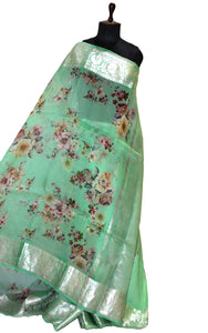 Digital Printed Handloom Kora Silk Banarasi Saree in Paris Green, Multicolored and Antique Silver Zari