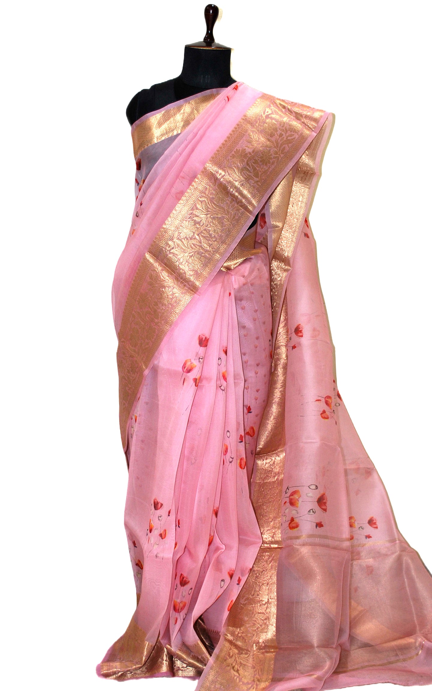 Digital Printed Handloom Kora Silk Banarasi Saree in Pink, Plum Red and Brush Golden Zari
