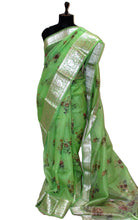 Digital Printed Handloom Kora Silk Banarasi Saree in Mint Green, Multicolored and Antique Silver Zari