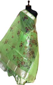 Digital Printed Handloom Kora Silk Banarasi Saree in Mint Green, Multicolored and Antique Silver Zari