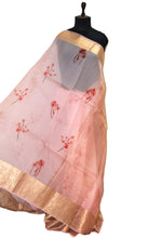Digital Printed Handloom Kora Silk Banarasi Saree in Peach, Plum Red and Brush Golden Zari