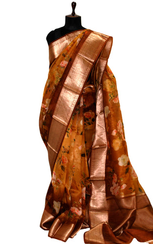 Digital Printed Handloom Kora Silk Banarasi Saree in Chocolate Brown, Amber Yellow , Multicolored and Antique Gold Zari