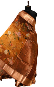 Digital Printed Handloom Kora Silk Banarasi Saree in Chocolate Brown, Amber Yellow , Multicolored and Antique Gold Zari