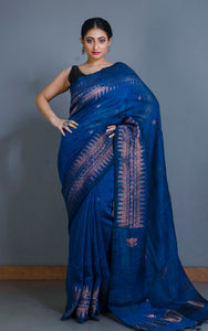 Handwoven Linen Kanchipuram Saree in Denim Blue and Copper