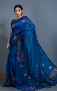 Handwoven Linen Kanchipuram Saree in Denim Blue and Copper