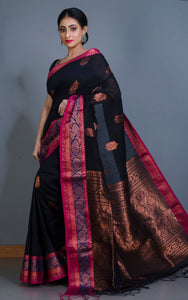 Handwoven Skirt Nakshi Border Cotton Linen Banarasi Saree in Pitch Black and Multicolored